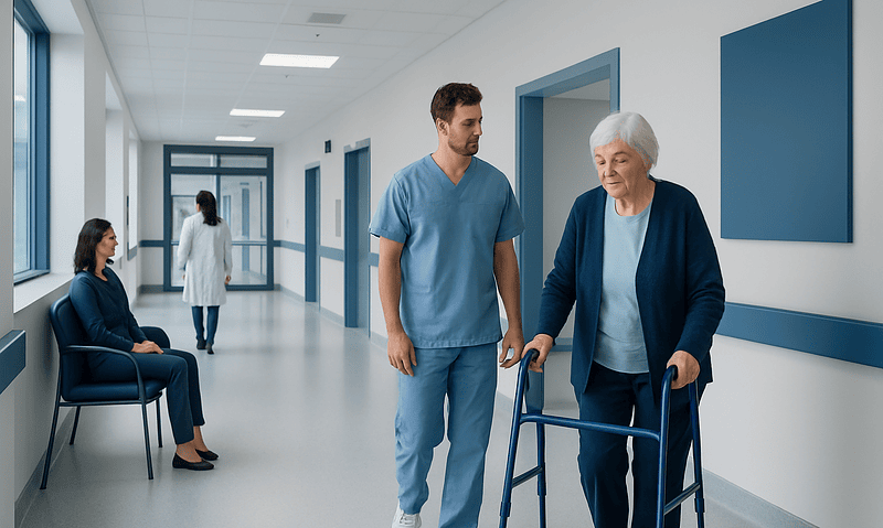 Elderly woman with walker walking in hospital corridor with nurse nearby.
