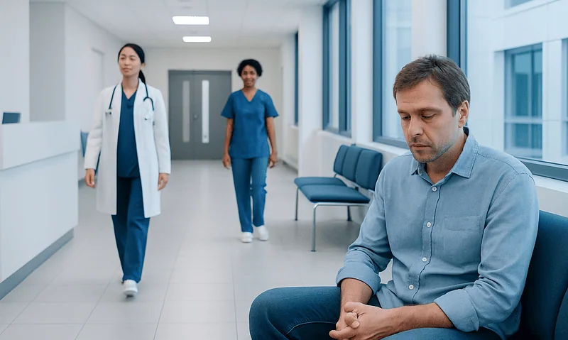 Man waiting in hospital corridor with healthcare professionals in background.