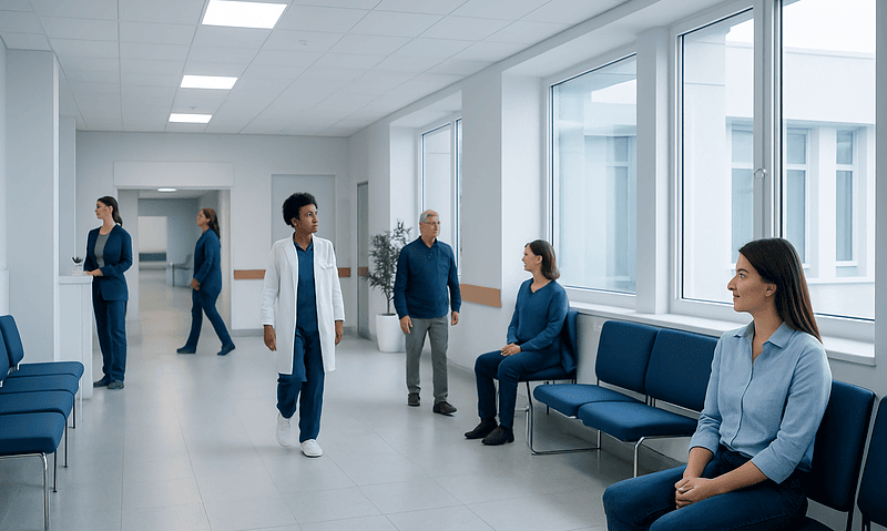 Patients and staff in a hospital waiting area at Acibadem Hospitals Group.