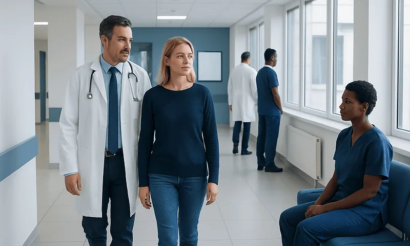 Doctor and patient talking in hospital corridor with medical staff in background.