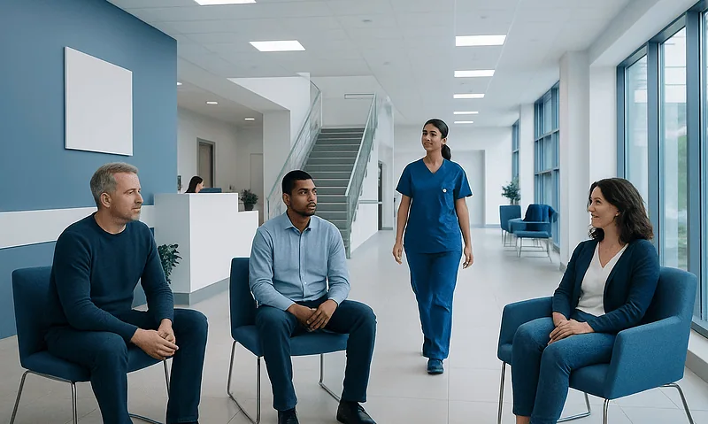 Group therapy session at a modern healthcare facility with diverse participants.