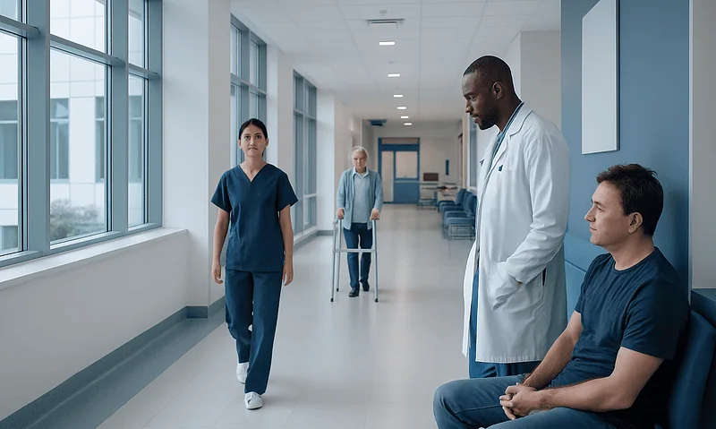 Hospital corridor with medical staff and patient in waiting area.