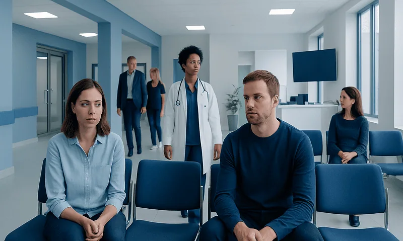People waiting in a medical clinic with a healthcare professional present.