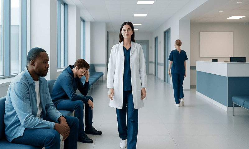 Healthcare professionals waiting in a hospital corridor with a doctor in the center.