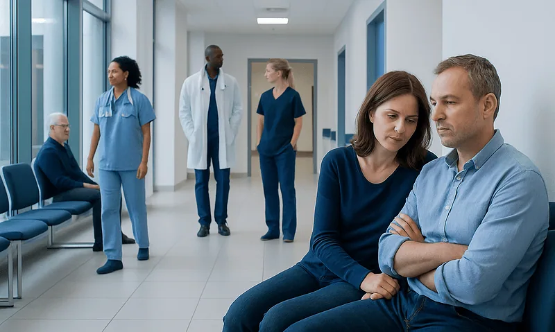 Patients and healthcare professionals in a hospital corridor.