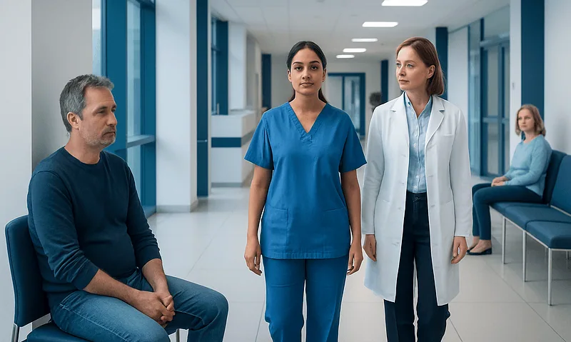 Medical staff and patient in hospital corridor.