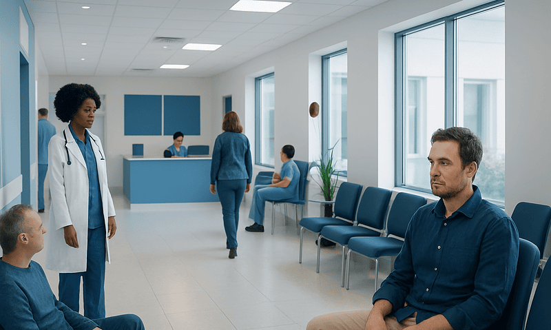 Patients waiting in a modern hospital reception area with medical staff present.