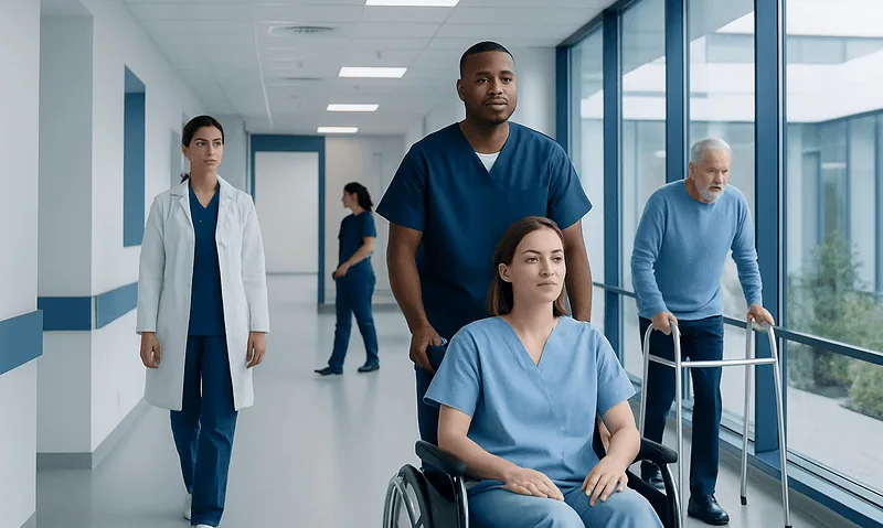 Healthcare professionals assisting a patient in a hospital corridor.