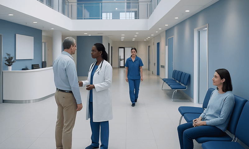Healthcare professionals and patient in a modern hospital corridor.