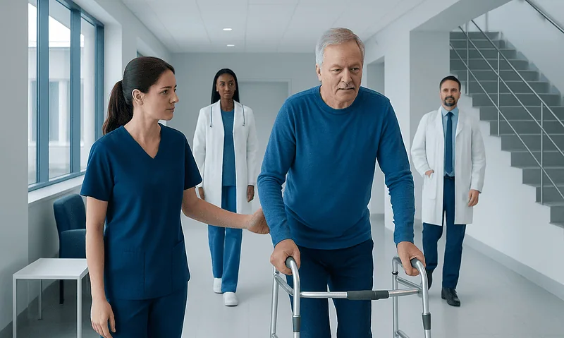 Health Library 5 Elderly man using walker with medical staff support in hospital corridor.