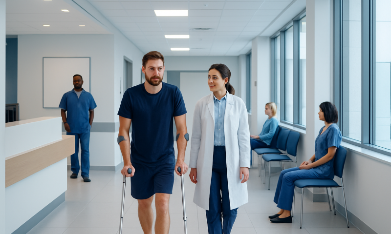 Patient walking with crutches in hospital corridor at Acibadem Hospitals Group.