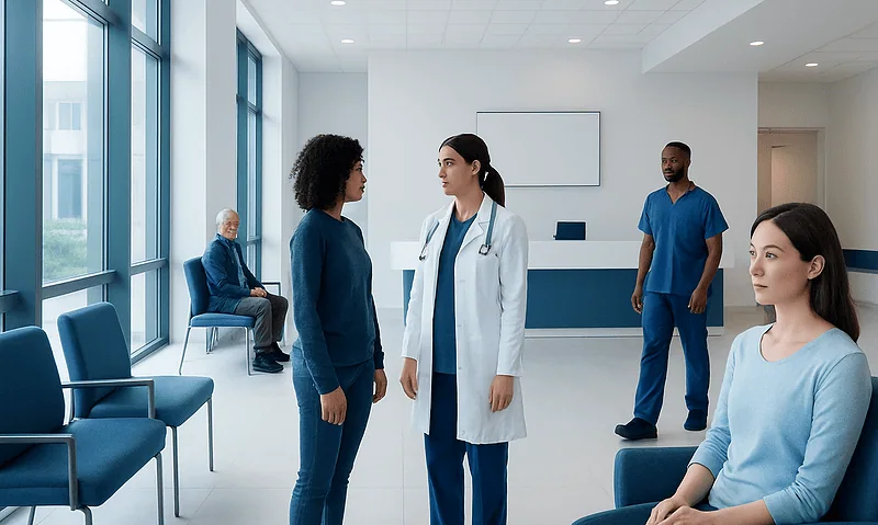 Medical consultation in a modern hospital waiting area with healthcare professionals and patients.