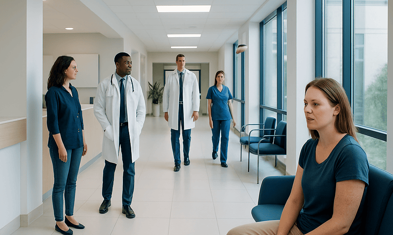 Medical team consulting a patient in a hospital corridor with large windows.