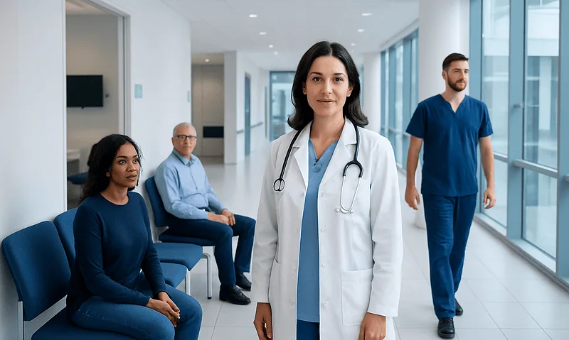 Medical team at a hospital corridor with a female doctor in focus.