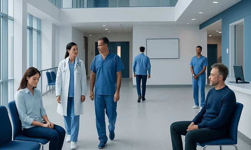 How to Choose the Right Hospital for Advanced Imaging or Surgery 2 Modern hospital waiting area with medical staff and patients.