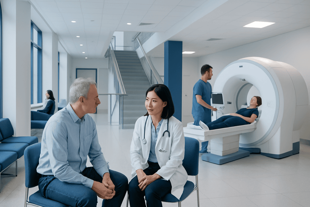 Second Opinion Before Technology-Driven Treatment: When It Is Worth Getting 1 Doctor consulting with patient in modern hospital MRI room.