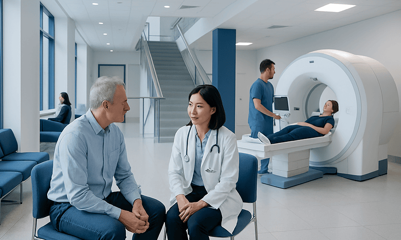 Second Opinion Before Technology-Driven Treatment: When It Is Worth Getting 1 Doctor consulting with patient in modern hospital MRI room.