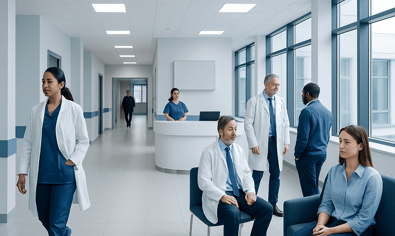 Healthcare professionals and patients in a modern hospital corridor.