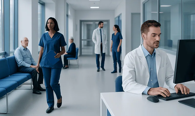 Healthcare professionals in a hospital corridor with patients and staff.
