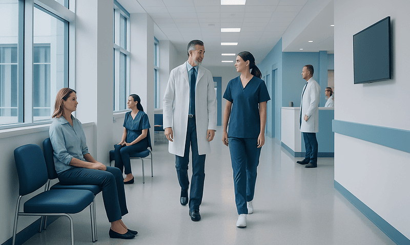Medical professionals and patients in a modern hospital corridor.