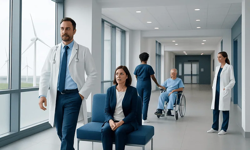 Healthcare professionals and patient in a modern hospital corridor with wind turbines outside.