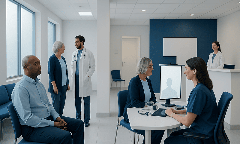 Medical consultation in a modern hospital with doctors and patients.