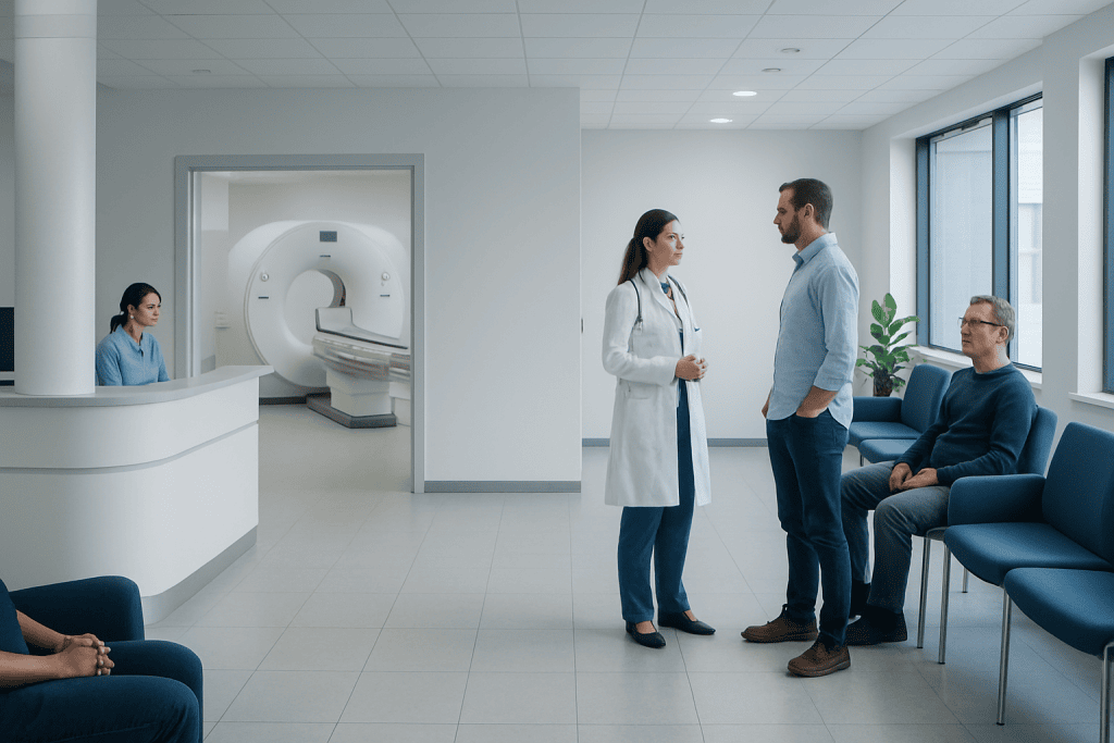 How Much Does Advanced Medical Technology Cost? 1 Medical consultation in a modern hospital waiting area with advanced imaging equipment.