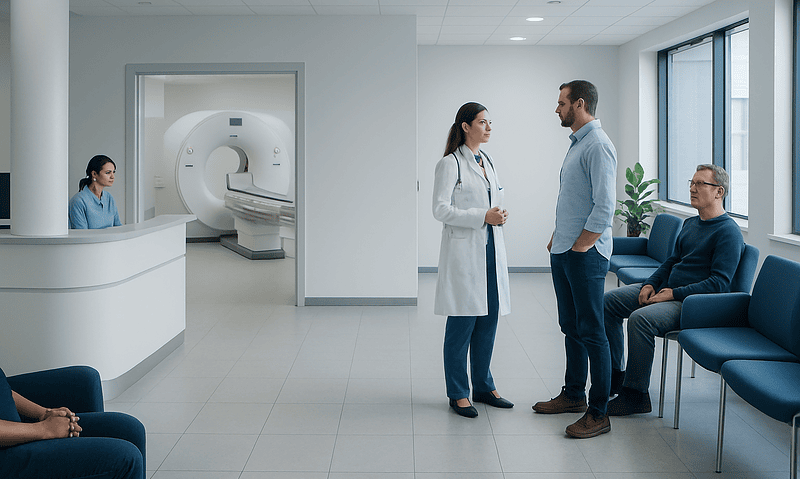 Medical consultation in a modern hospital waiting area with advanced imaging equipment.