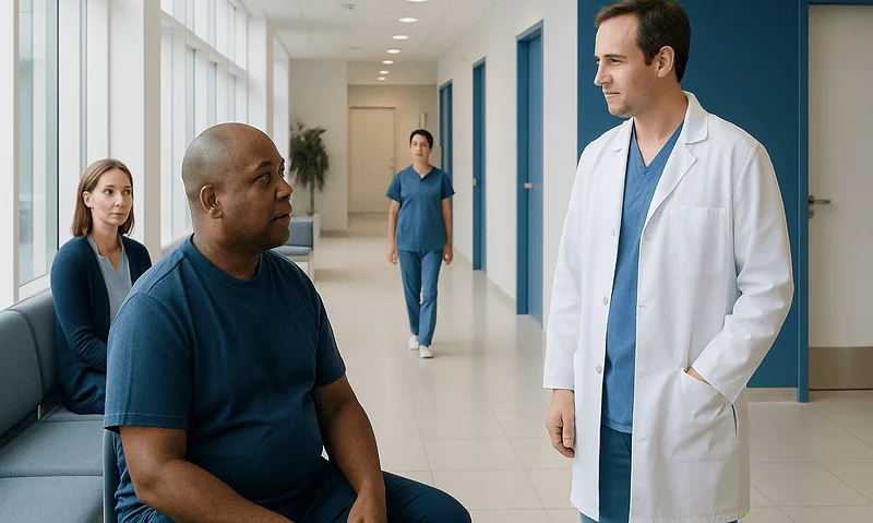 Who Is a Good Candidate for Kidney Transplant? 6 Doctor consulting with kidney transplant patient in hospital corridor.