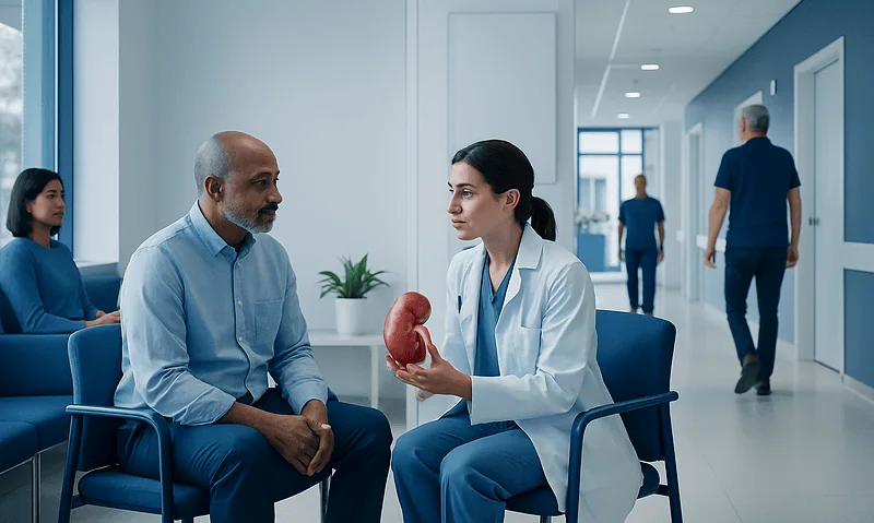 Signs You May Need a Kidney Transplant Evaluation 5 Doctor explaining kidney health to patient in hospital setting.