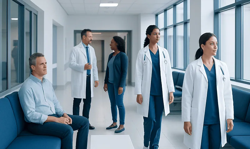 Medical team and patient in hospital corridor at Acibadem Hospitals Group.