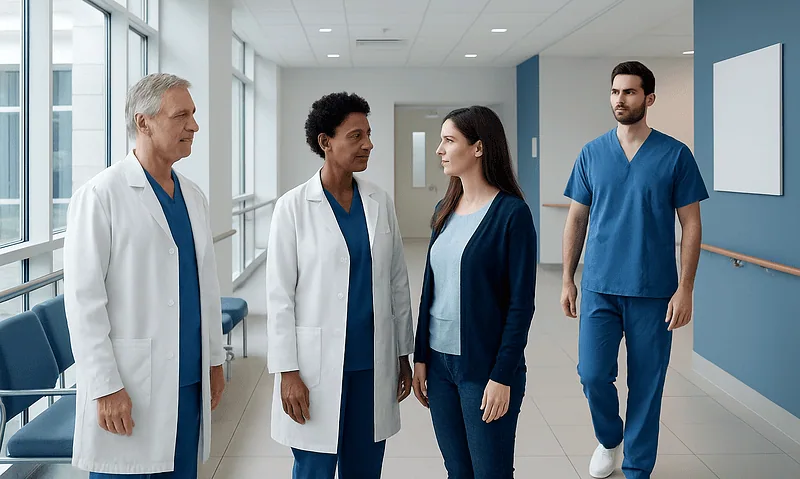 Medical team discussing patient care in hospital corridor.