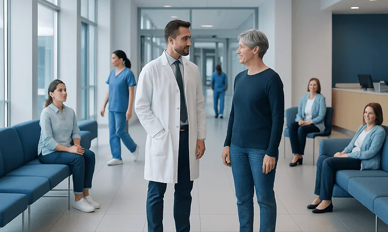 Doctor consulting with a patient in a hospital corridor with staff in the background.