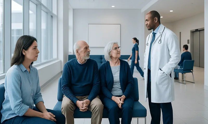 Doctor consulting with elderly patients in a hospital waiting area.