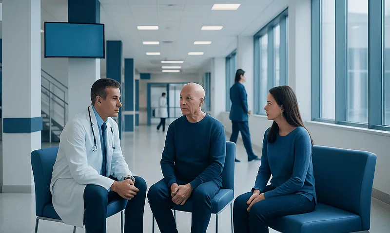 Doctor consulting with a patient in a hospital corridor.