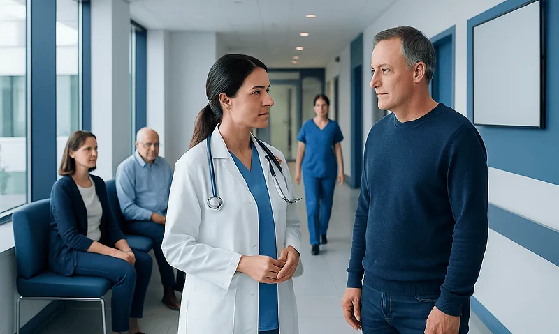 Doctor discussing kidney transplant risks with patient in hospital corridor.