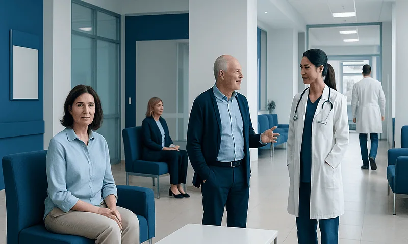 Hospital staff and patients in a modern medical facility corridor.