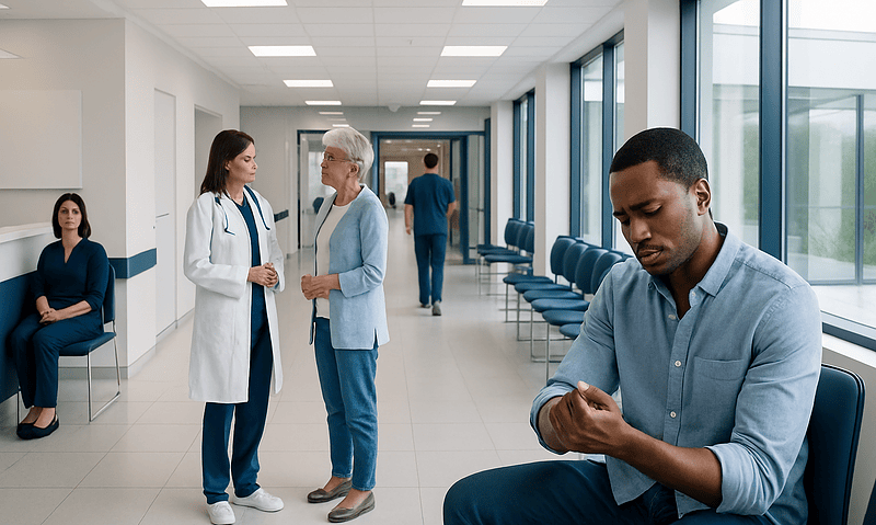 De Quervain Syndrome: Diagnosis, Causes, and Non-Surgical Treatment Options 9 Patients and healthcare professionals in a modern hospital corridor.