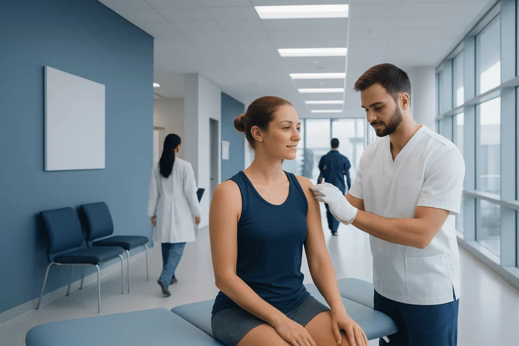 What Is a Dry Needling Treatment? Uses, Benefits, and Risks 1 Doctor administering dry needling treatment to a patient in a clinic.