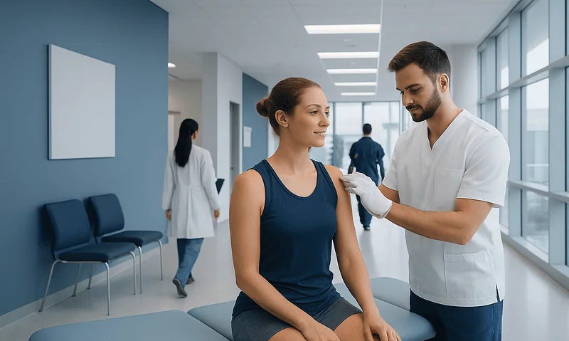 Doctor administering dry needling treatment to a patient in a clinic.