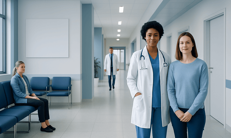 When to See a Gynecologist: Symptoms Women Should Not Ignore 14 Diverse medical team in hospital corridor with patient and staff.