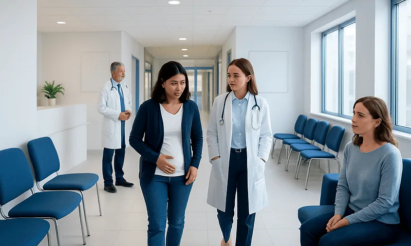 Abnormal Vaginal Bleeding: Common Causes and How Doctors Evaluate It 13 Medical consultation in hospital corridor with doctors and patient.