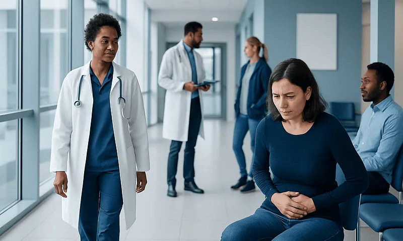 Pelvic Pain in Women: Causes, Diagnosis, and Treatment Options 12 Doctor consulting woman with pelvic pain in hospital corridor.