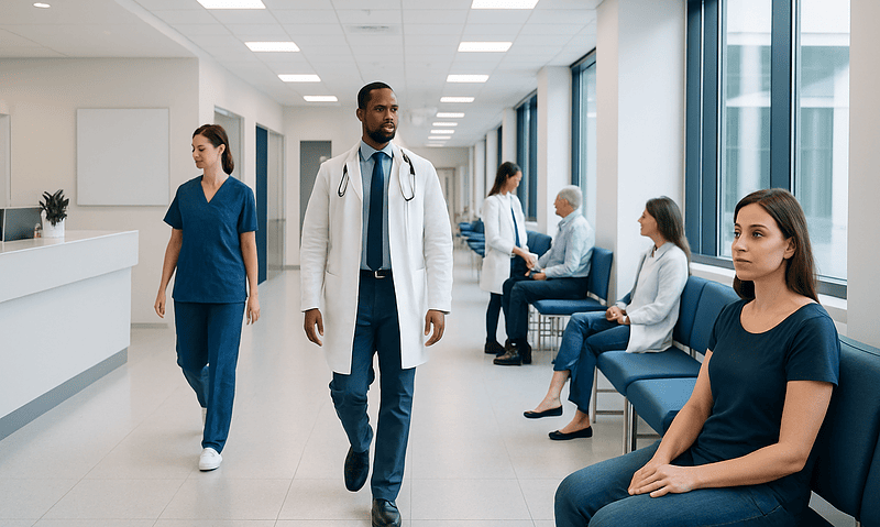 Vaginal Discharge in Women: Normal vs Abnormal 8 Medical professionals and patients in a hospital corridor at Acibadem Hospitals Group.