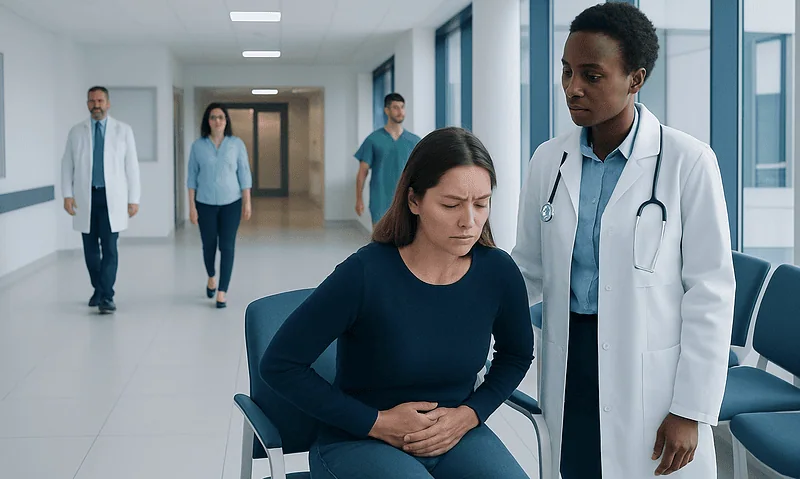 Pelvic Pain in Women: Common Causes and Diagnosis 6 Doctor consulting a woman with pelvic pain in a hospital corridor.