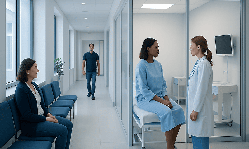 Endometrial Biopsy: Why It Is Done and How to Prepare 4 Patient consulting with doctor in hospital corridor and examination room.