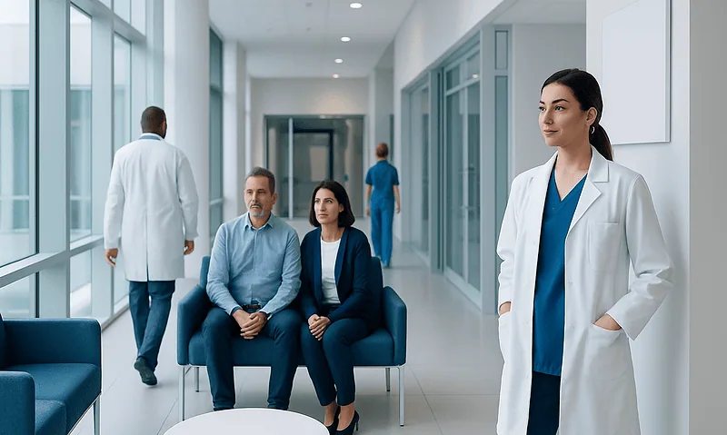 Cervical Polyps: Do They Need Removal? 2 Medical consultation in a modern hospital corridor with doctors and patients.