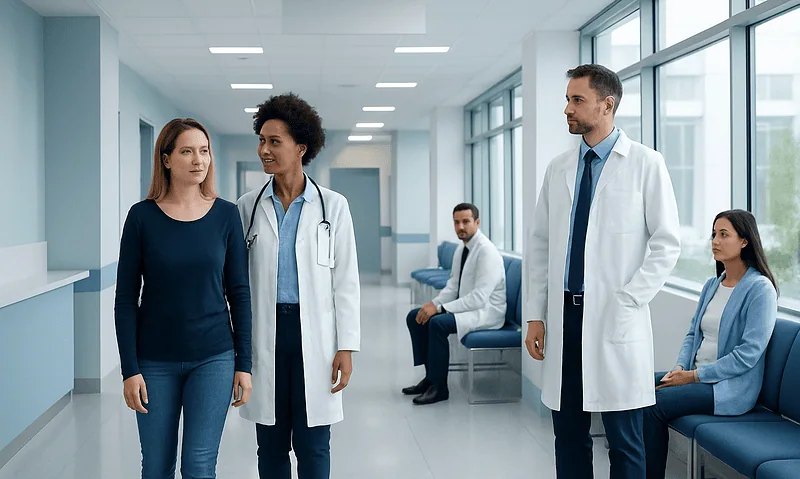 Vaginal Discharge: Common Causes, Normal Changes, and Warning Signs 12 Medical team consulting in hospital corridor with patient and staff.