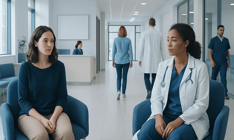 Irregular Periods: Causes, Diagnosis, and When Hormone Testing Helps 9 Patient consulting with doctor in hospital waiting area.