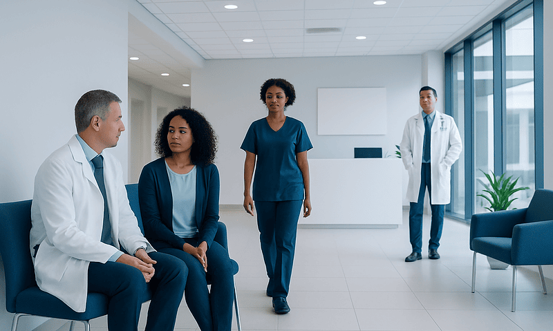 Medical team discussing patient care in a modern hospital lobby.